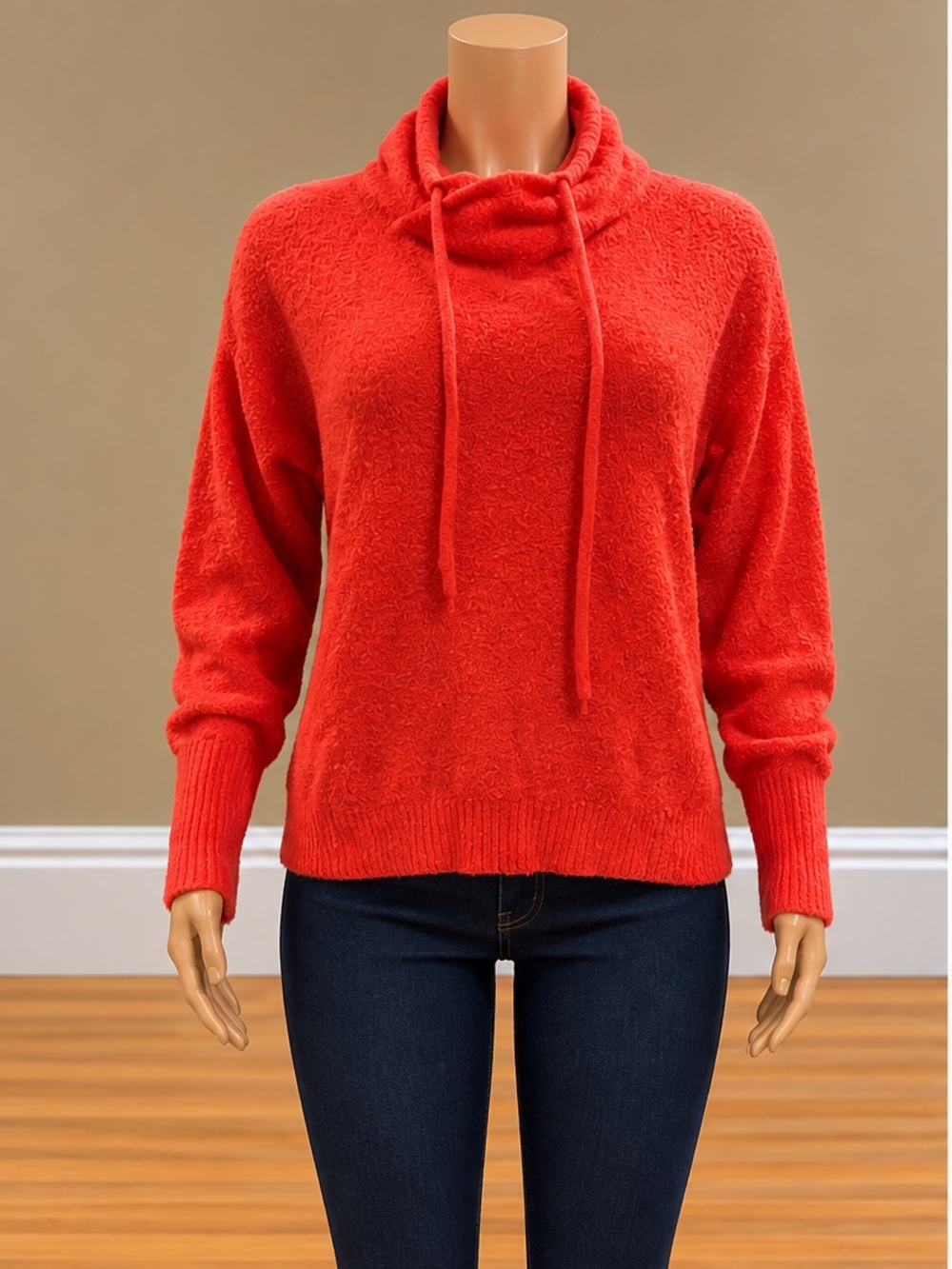 LOFT Coral Fuzzy Boucle Cowl Neck Drawstring Sweater Pullover Small NWT